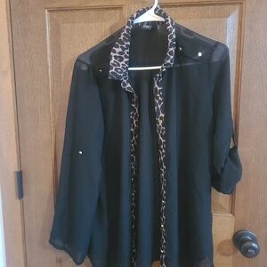 Rue21 Sheer Black Blouse with Leopard Print Details